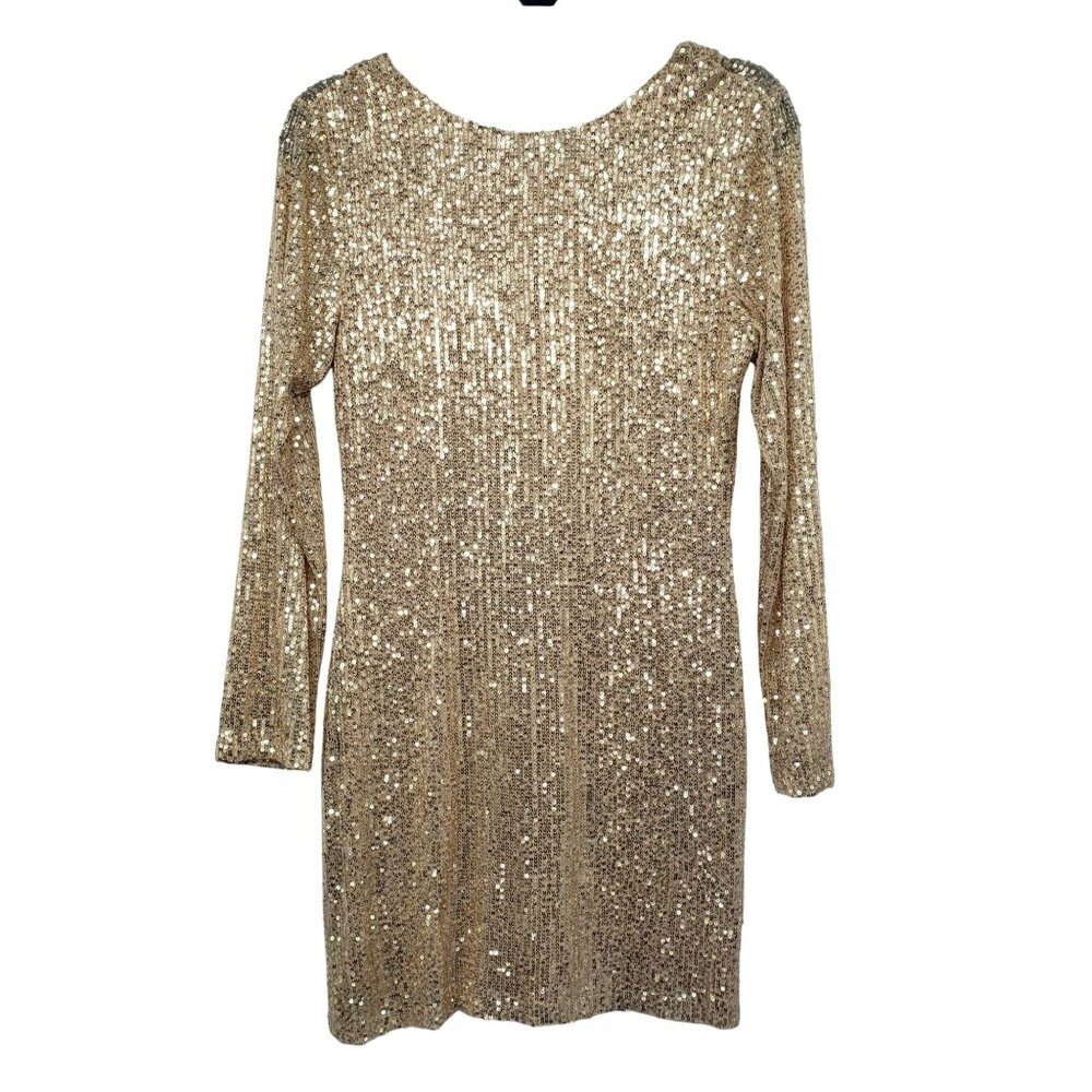 NWT WAYF Gold Sequin Open Back Long Sleeve Mini Dress Rhinestone Strap S - Picture 3 of 15